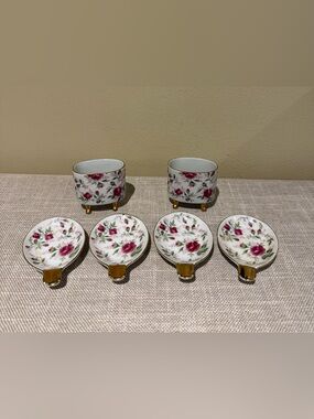 Vintage Lefton Rose Chintz Porcelain Cigarette Holder Ashtray Set 6pc